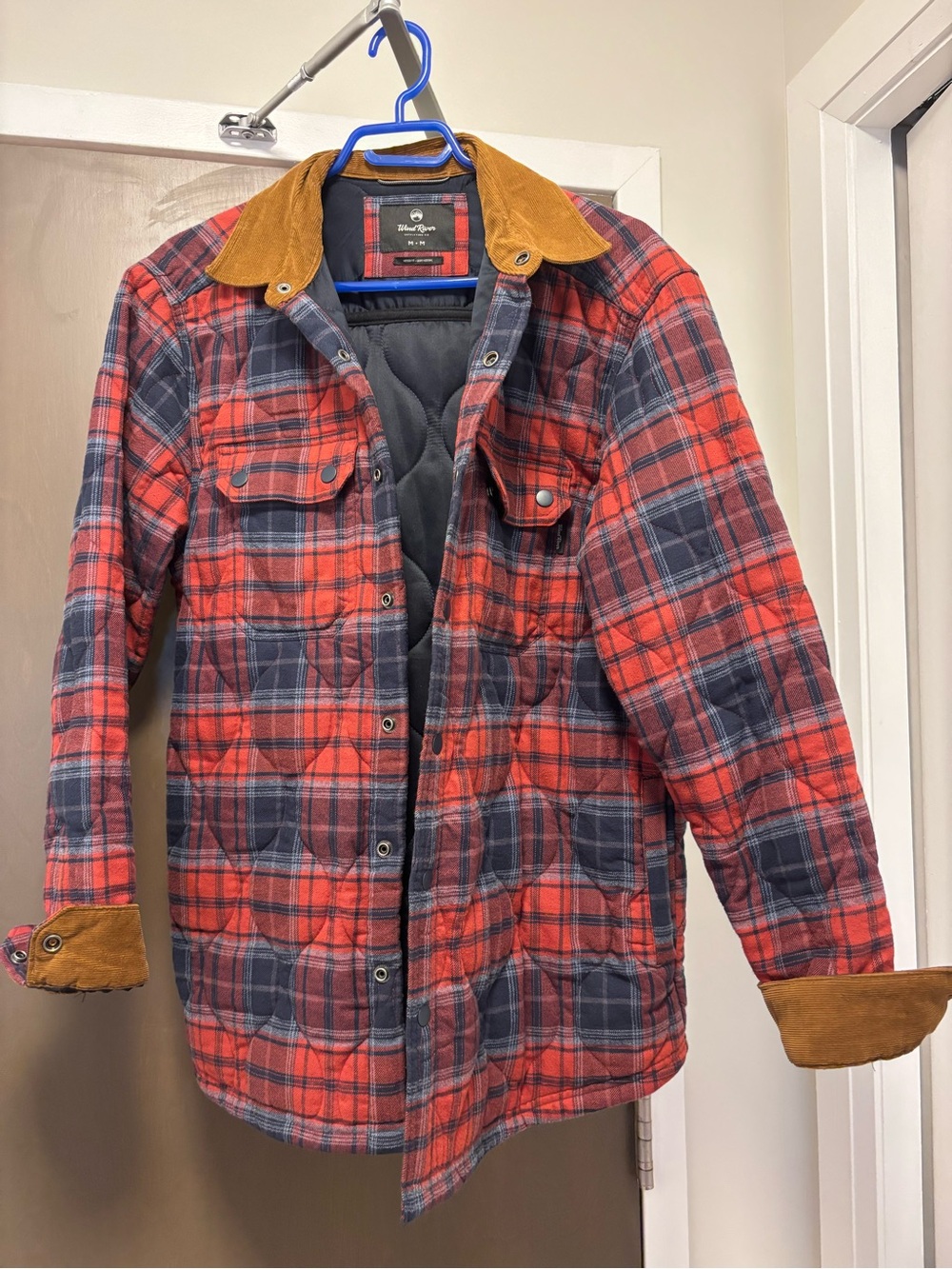 Wind River Quilted Plaid Flannel Shacket with Corduroy Collar – Size Medium (M)